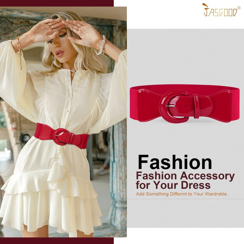 JASGOOD Women Wide Stretch Belt,Vintage Chunky Buckle Elastic Waist Belts Patent Leather Belt 50s Belt for Dress - Image 2